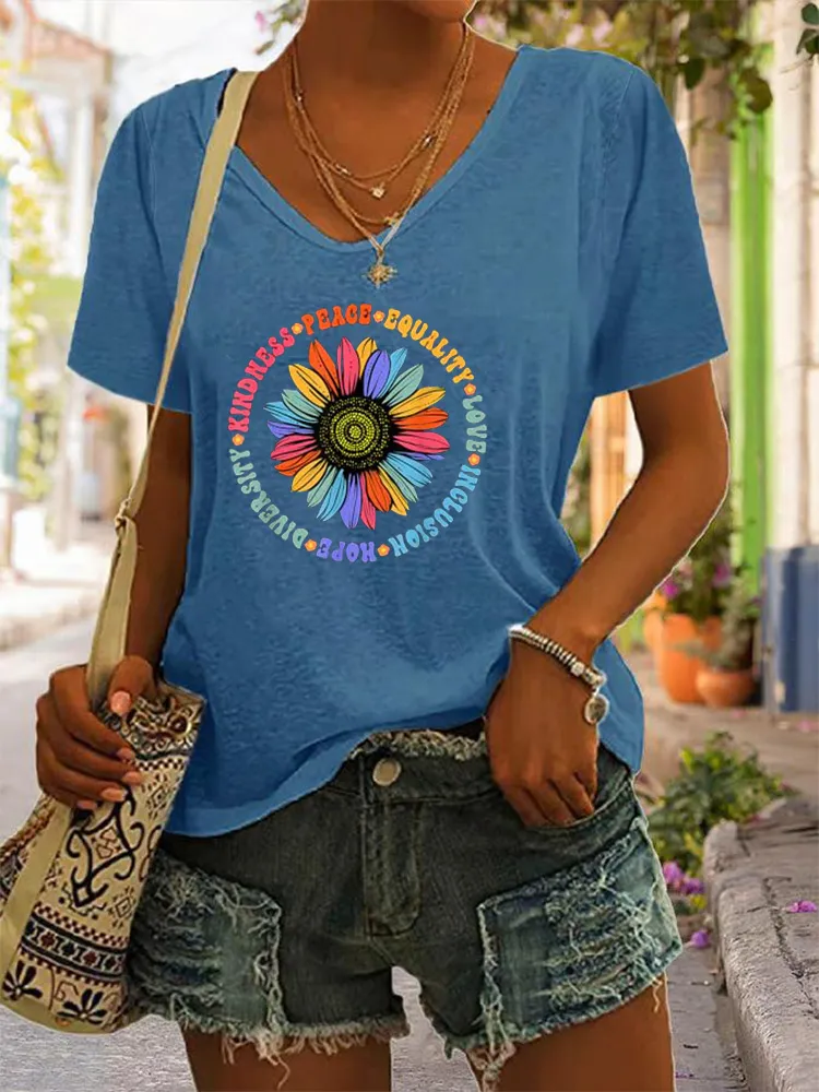 Black Floral Sunflower Pattern T-Shirt
