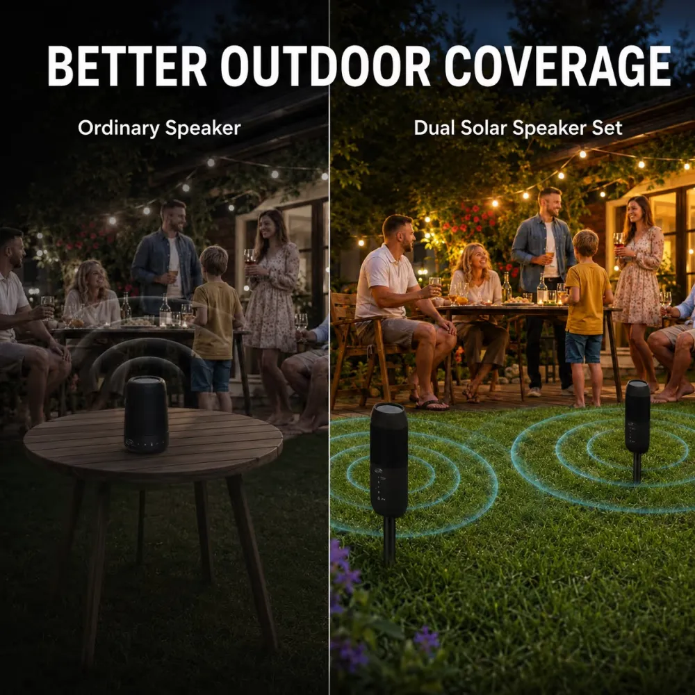☀️ 🎵 Solar Bluetooth Outdoor Speaker Set – 20W Dual Speakers with Ground Stakes & FM Radio