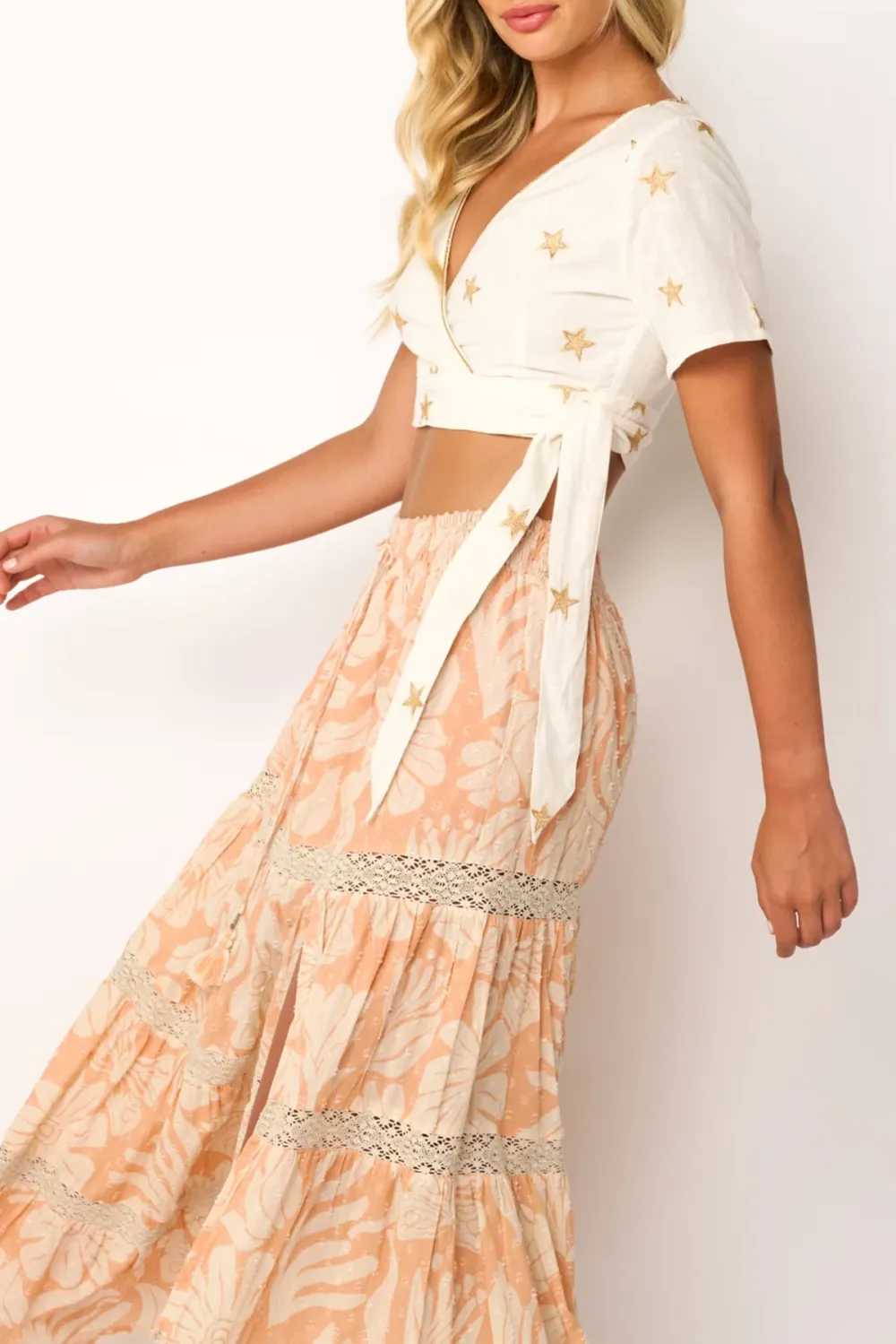 White Star Embroidered Wrap Crop Top