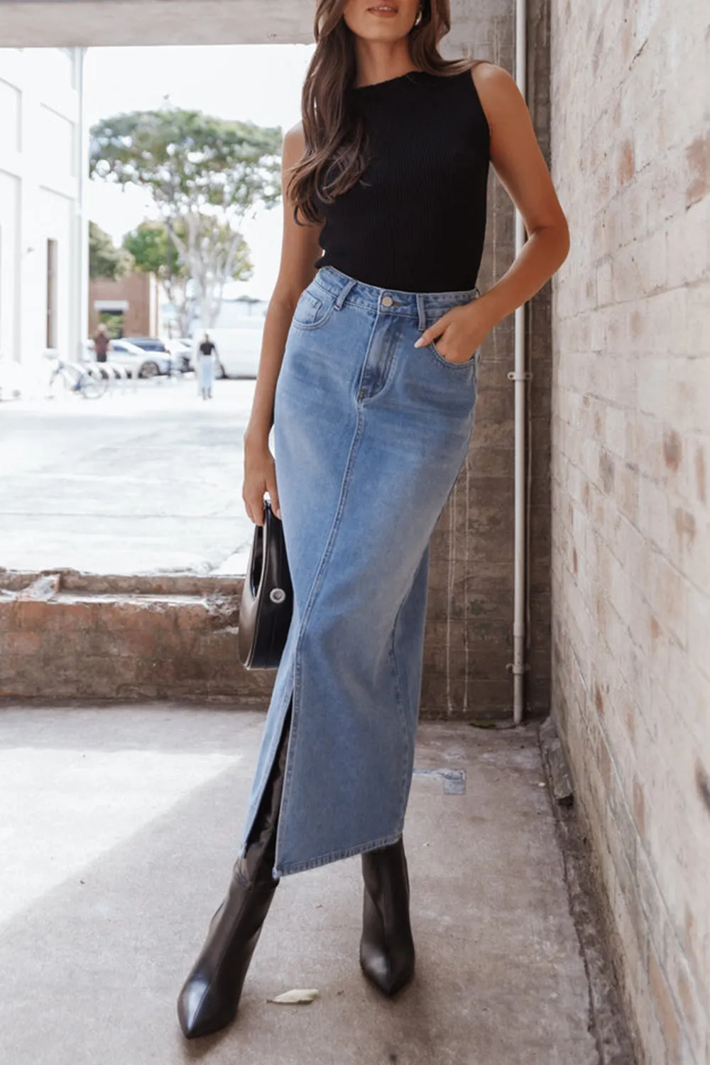 DANA DENIM MIDI SKIRT - BLUE WASH