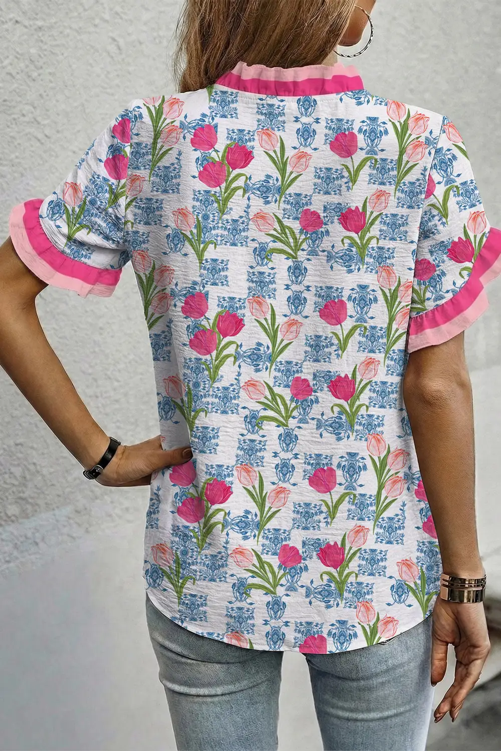 Rose Floral Print Ruffle V-Neck Short Sleeve Loose Tunic Shirt