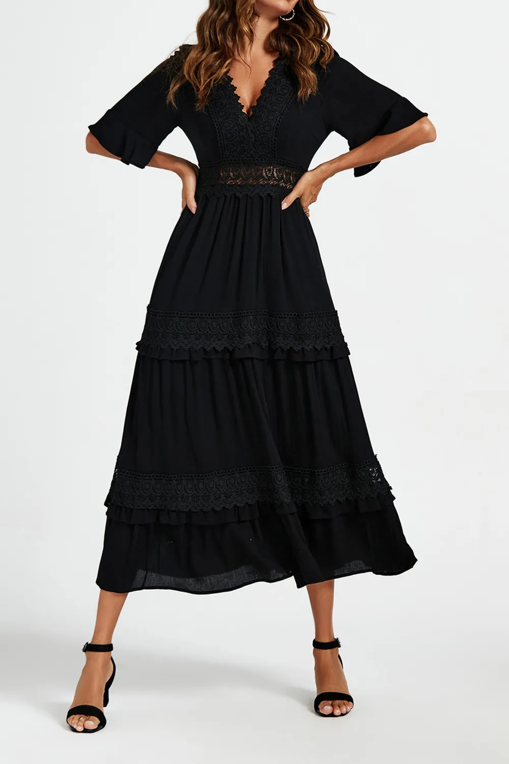 Black V-Neck Lace Ladies Elegant Dress