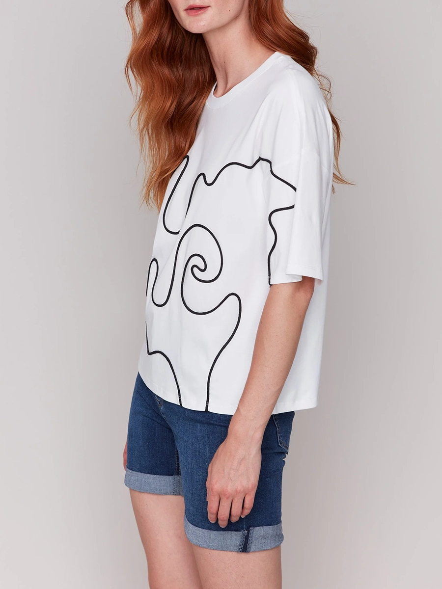 Fashion Abstract Line Drawing Cotton Short Sleeve