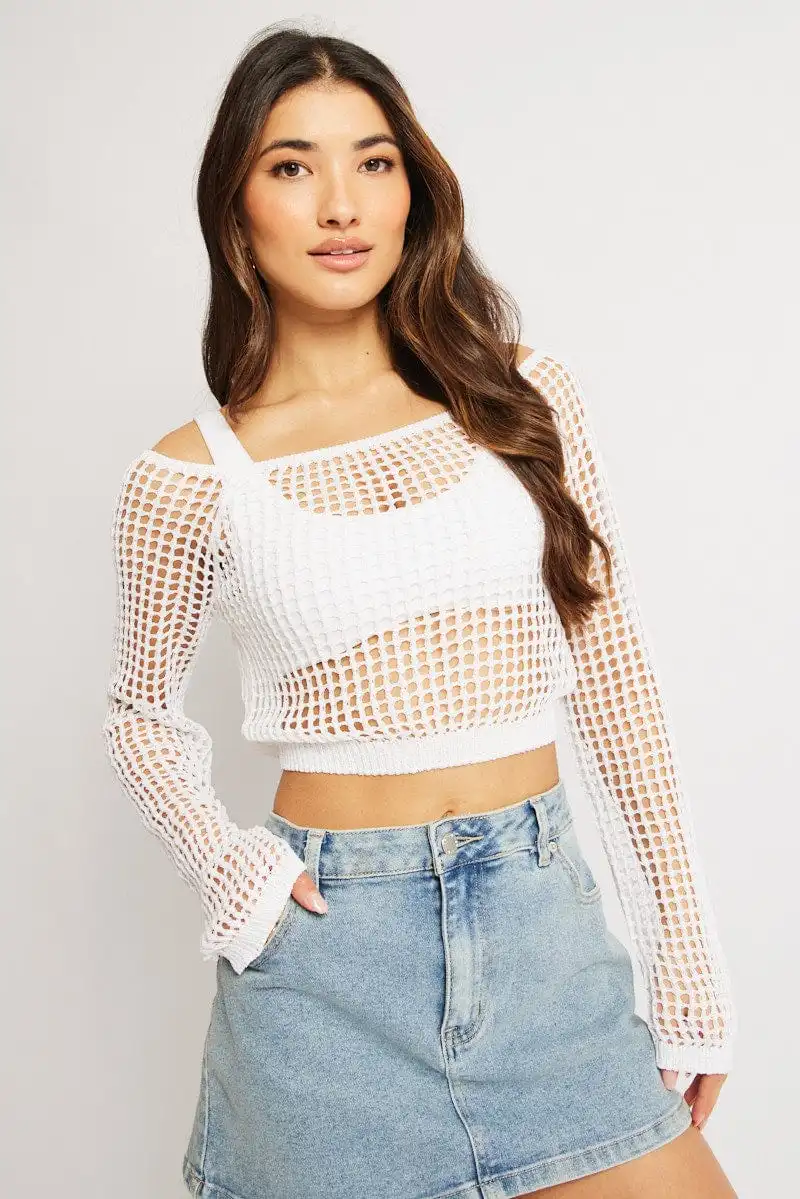 White Crochet Knit Top Long Sleeve Square Neck