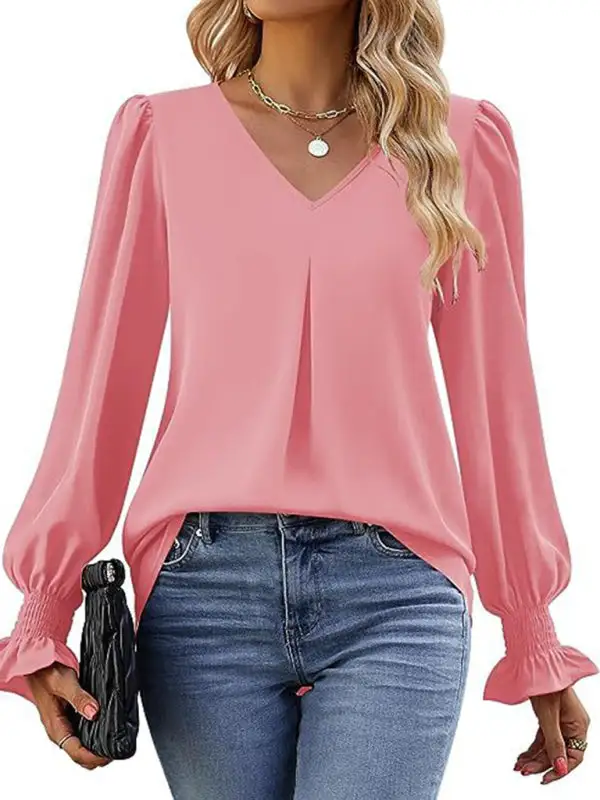 Pleated Chiffon V-Neck Blouse