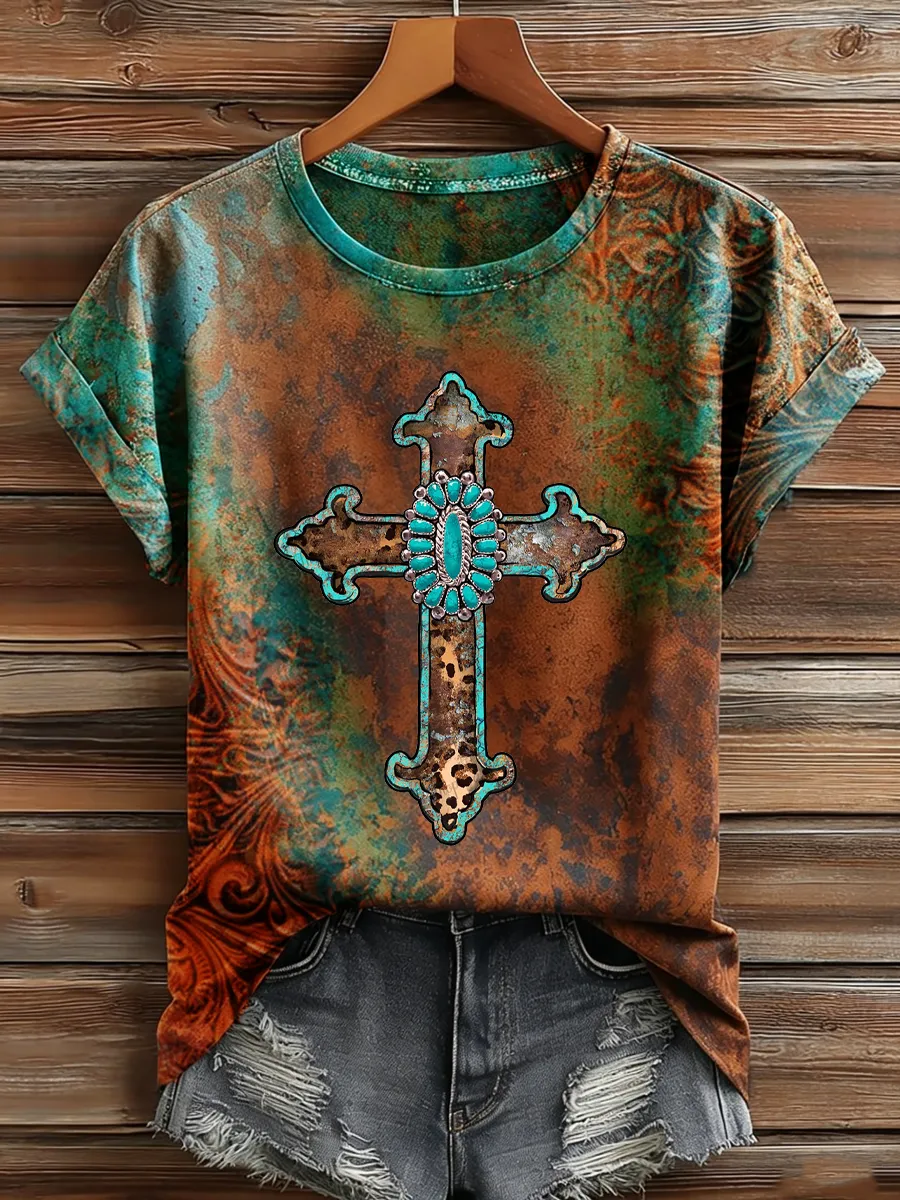 Women'S Casual Retro Western Faith Printed Short Sleeved Shirt
