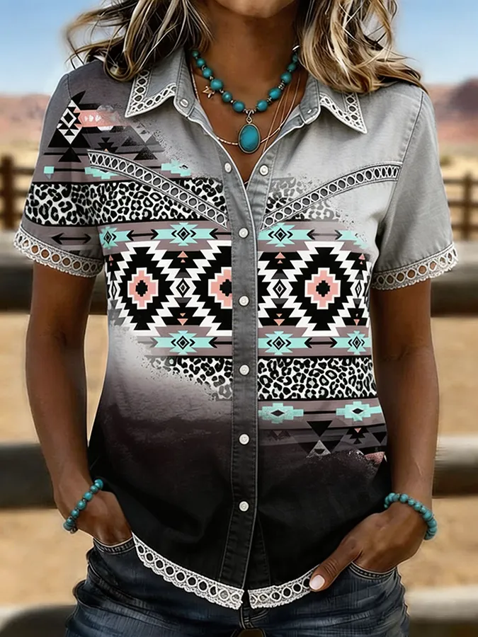 Women's Aztec Leopard Print Trim Western Button-Down Shirt