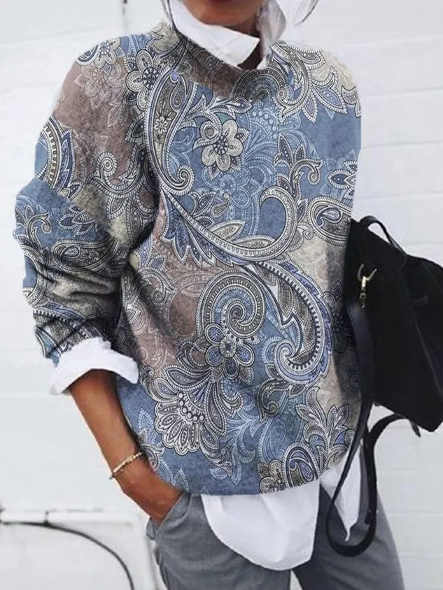 Casual Paisley Crew Neck Long Sleeve Loose Sweater