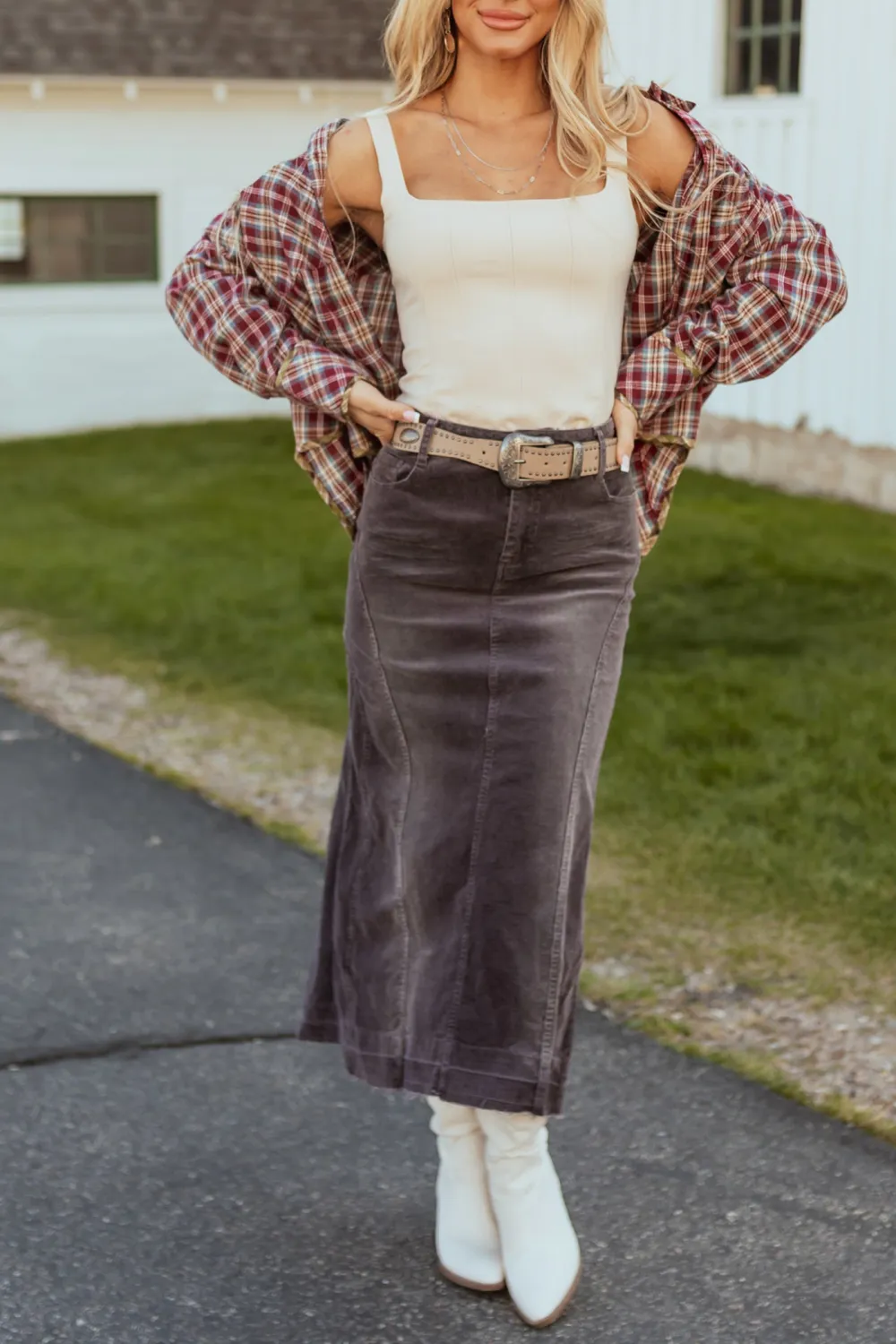 Quartz Corduroy Textured High Low Maxi Skirt