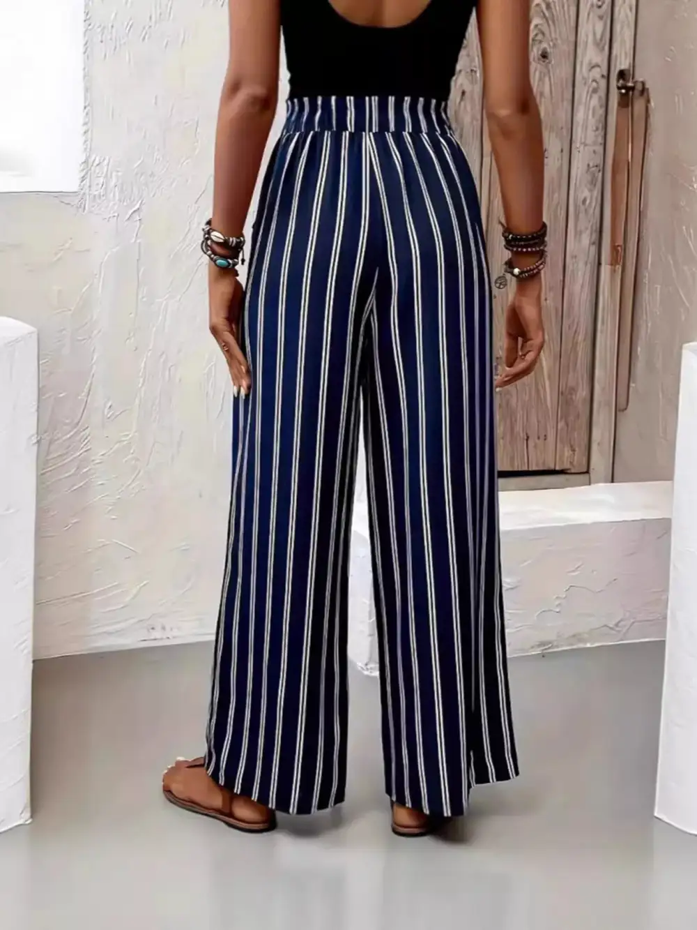 Full Size Striped High Waist Wide Leg Pants