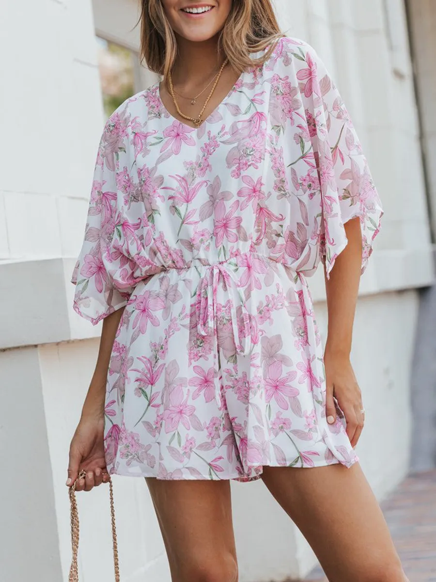 Sexy pink floral waist romper