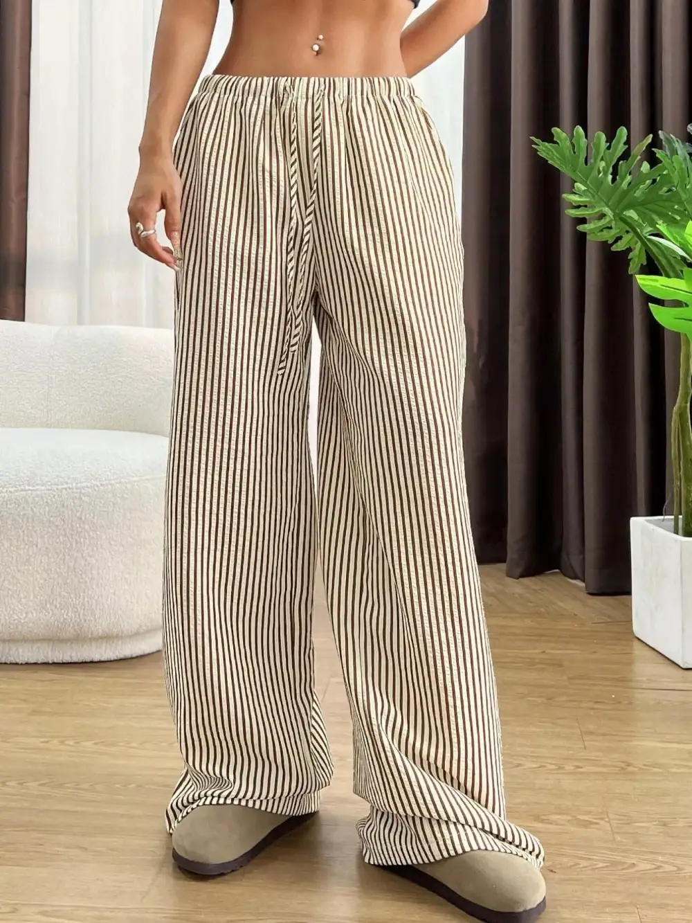 Full Size Striped Drawstring Waist Wide Leg Pants