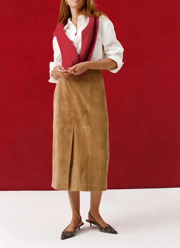 Casual Style Neutral Suede Midi Skirt