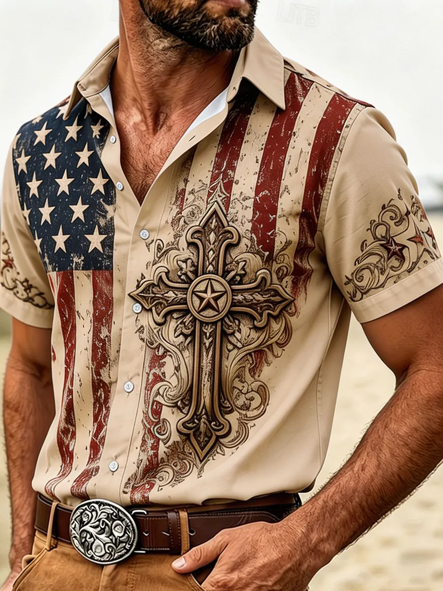 Vintage American Flag Western Cross Button-Down Shirt