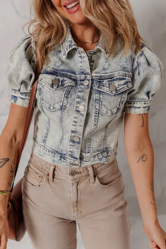 Puff Sleeve Cropped Denim Jacket