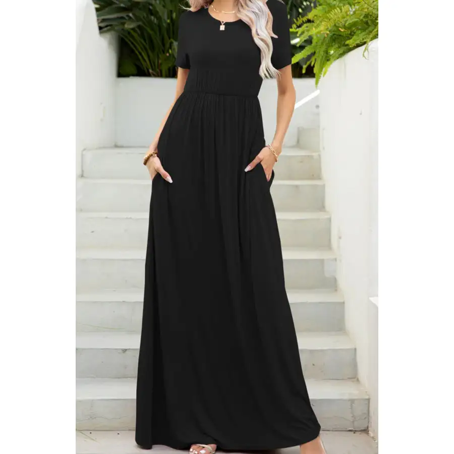 Round Neck Maxi Tee Dress with Pockets