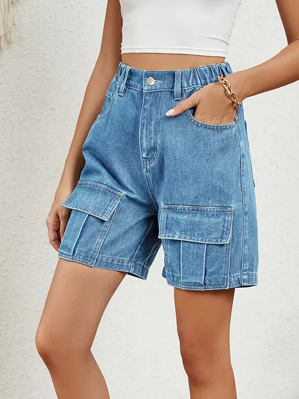 Denim Shorts Met Hoge Taille Losse Elasticiteit Zakken