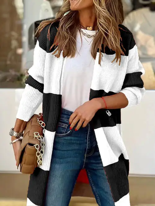 Contrast Open-Front Long-Sleeve Cardigan