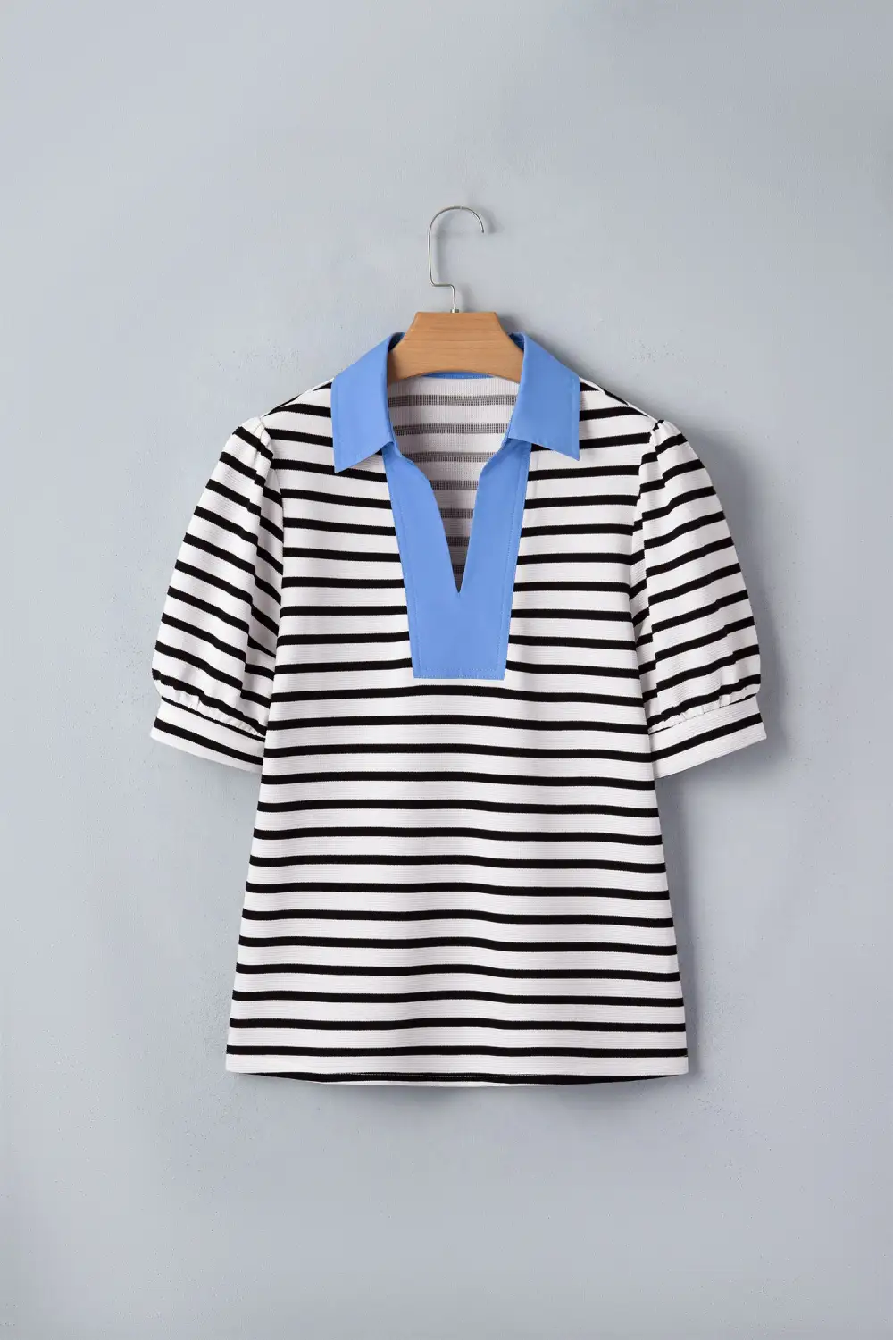 Black Stripe Short Puff Sleeve Color Block Polo Collar Blouse