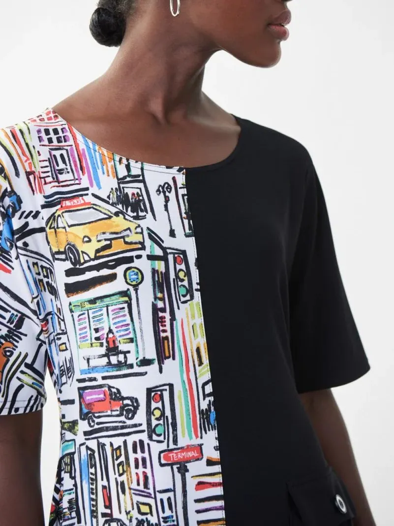 Black and Multi - Print Asymmetric Dress