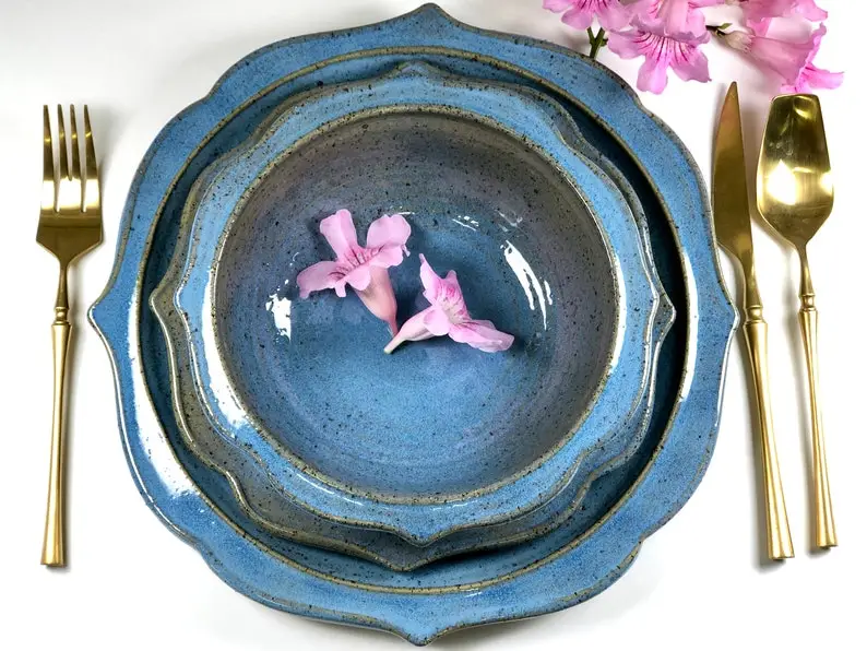 Blue dinnerware set.