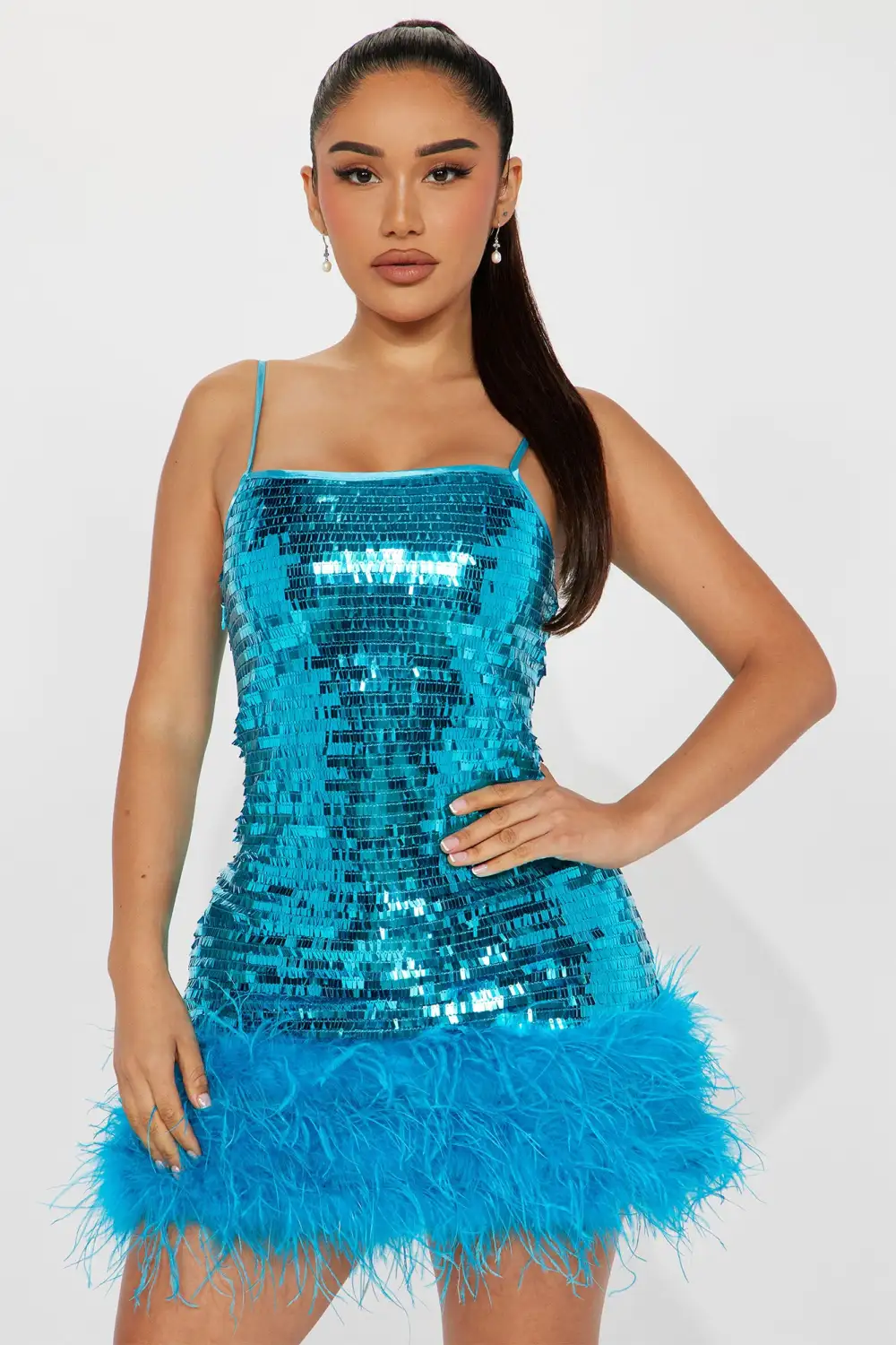 Serenity Sequin Feather Mini Dress - Aqua