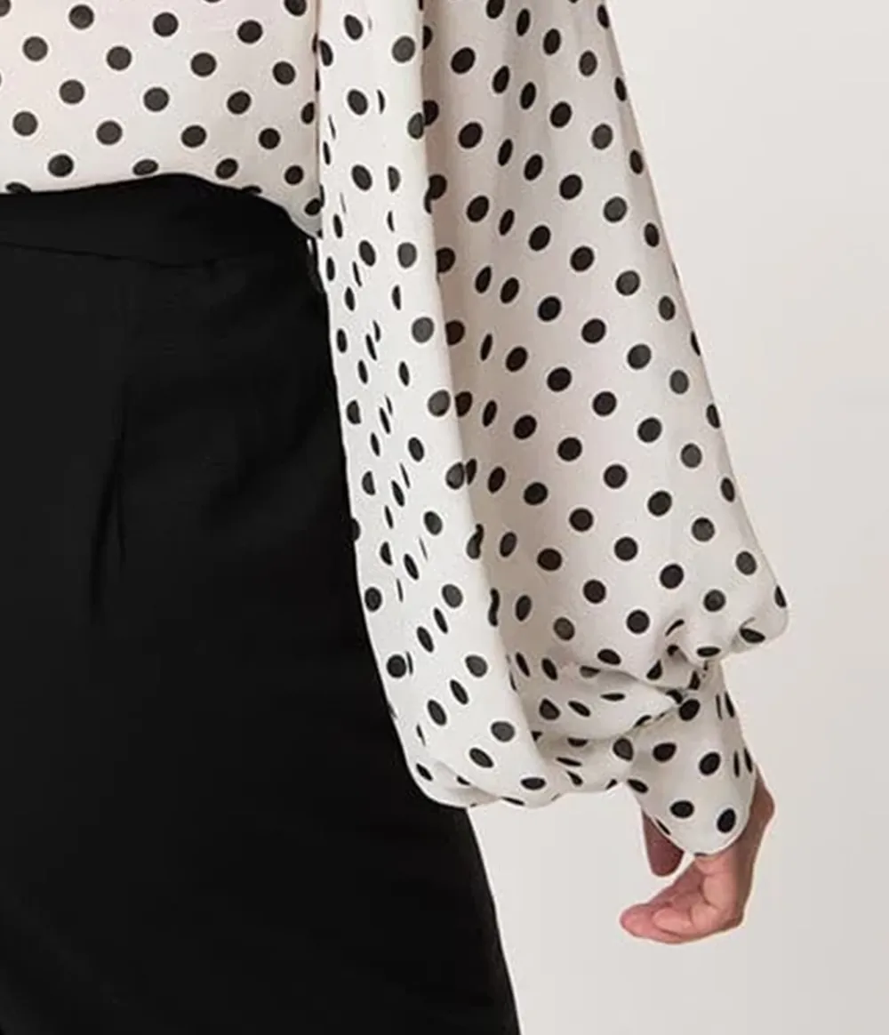 Unique Vintage Plus Size White And Black Polka Dot Neck Tie Gwen Blouse