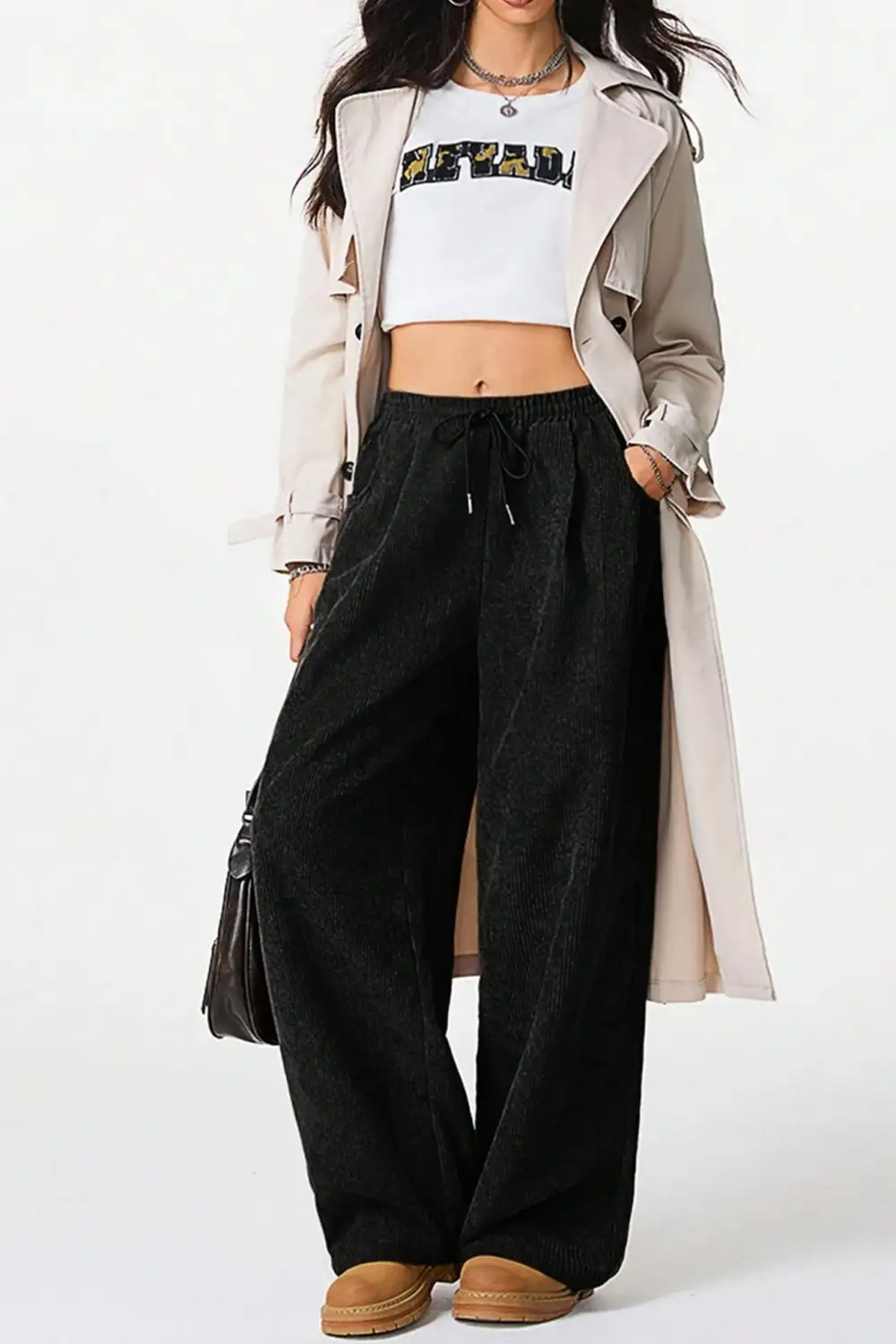 Drawstring Flannel Wide Leg Pants