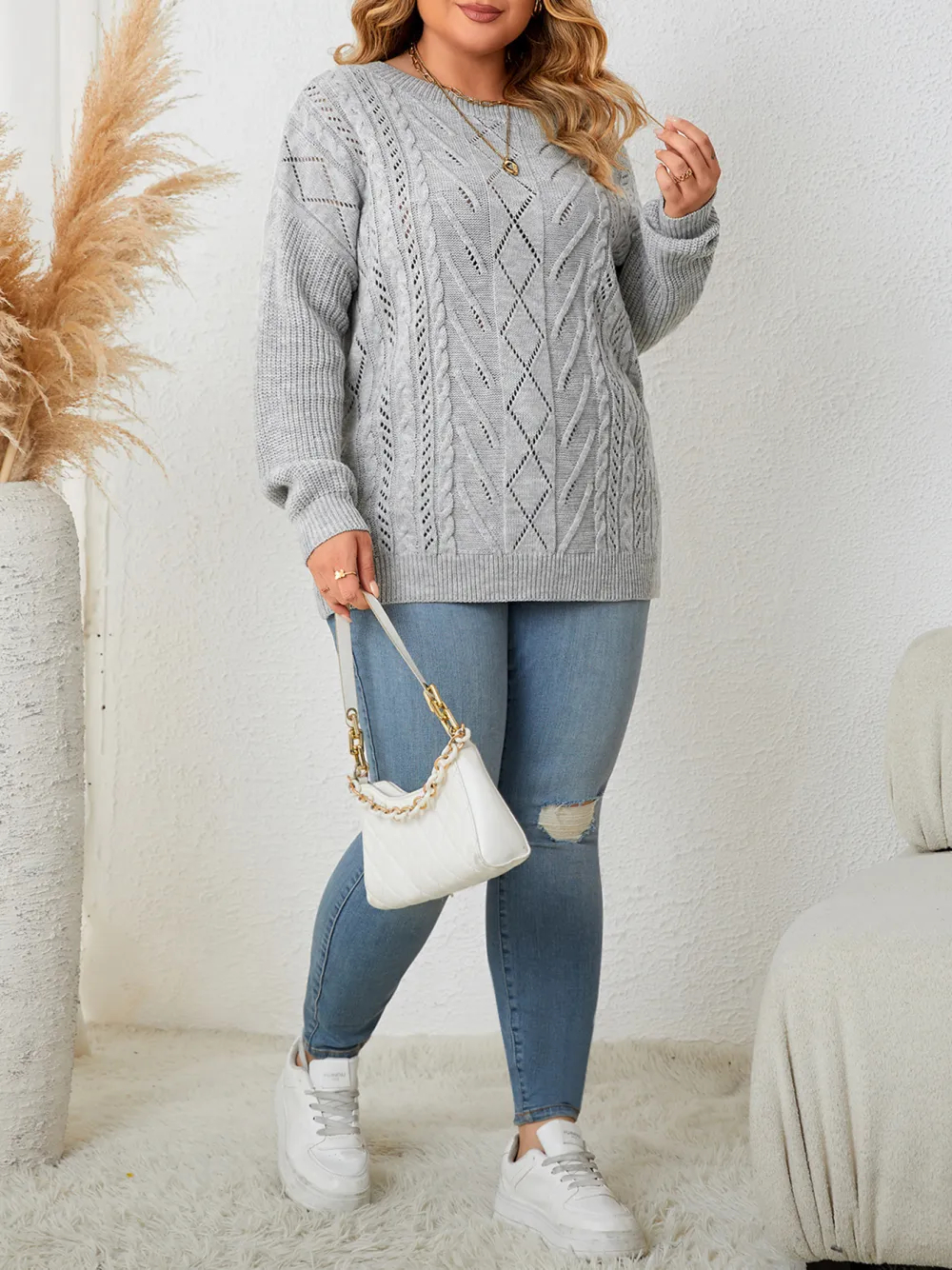 Women Plus Size Knitted Sweater Long Sleeve Off Shoulder Top