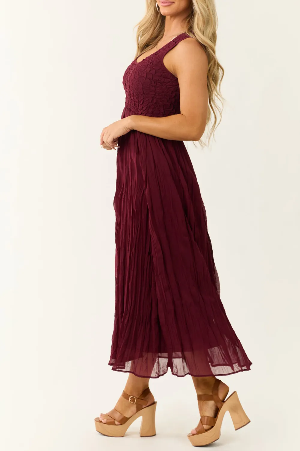 Wine Sleeveless Smocked Scoop Neck Maxi Dress