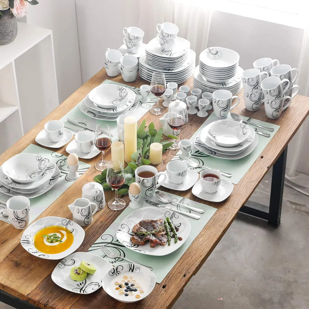 VEWEET, Series Fiona, 100-Piece Plates and Bowls Sets for 12, Including Porcelain Dishes Sets, Bowls, Mugs, Egg Cups, Cup and Saucer Set, Milk Jug and Sugar Pot Set, Microwave and Dishwasher Safe