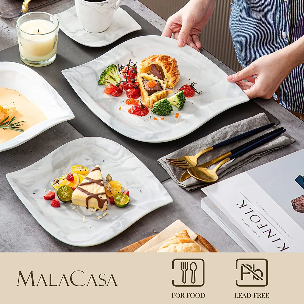 MALACASA Dish Set for 12, 60 Piece Marble Grey Square Dinnerware Sets, Porcelain Dinner Set with Plates and Bowls Sets, Cups and Saucers, Dishware Sets Kitchen Dishes Microwave Safe, Series Blance