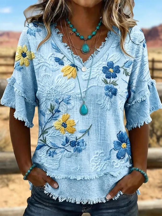 Women'S Vintage Art Patchwork Cotton And Linen Shirt