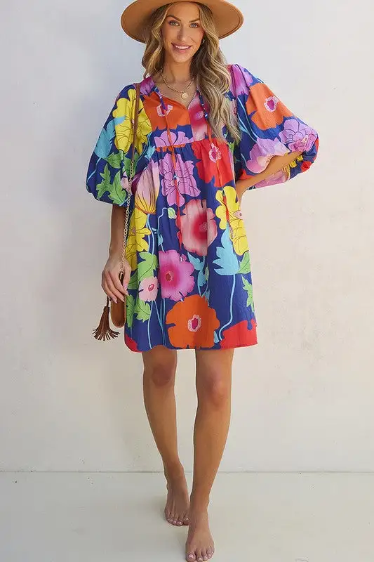 Women Floral Print Split Neck Babydoll Dress