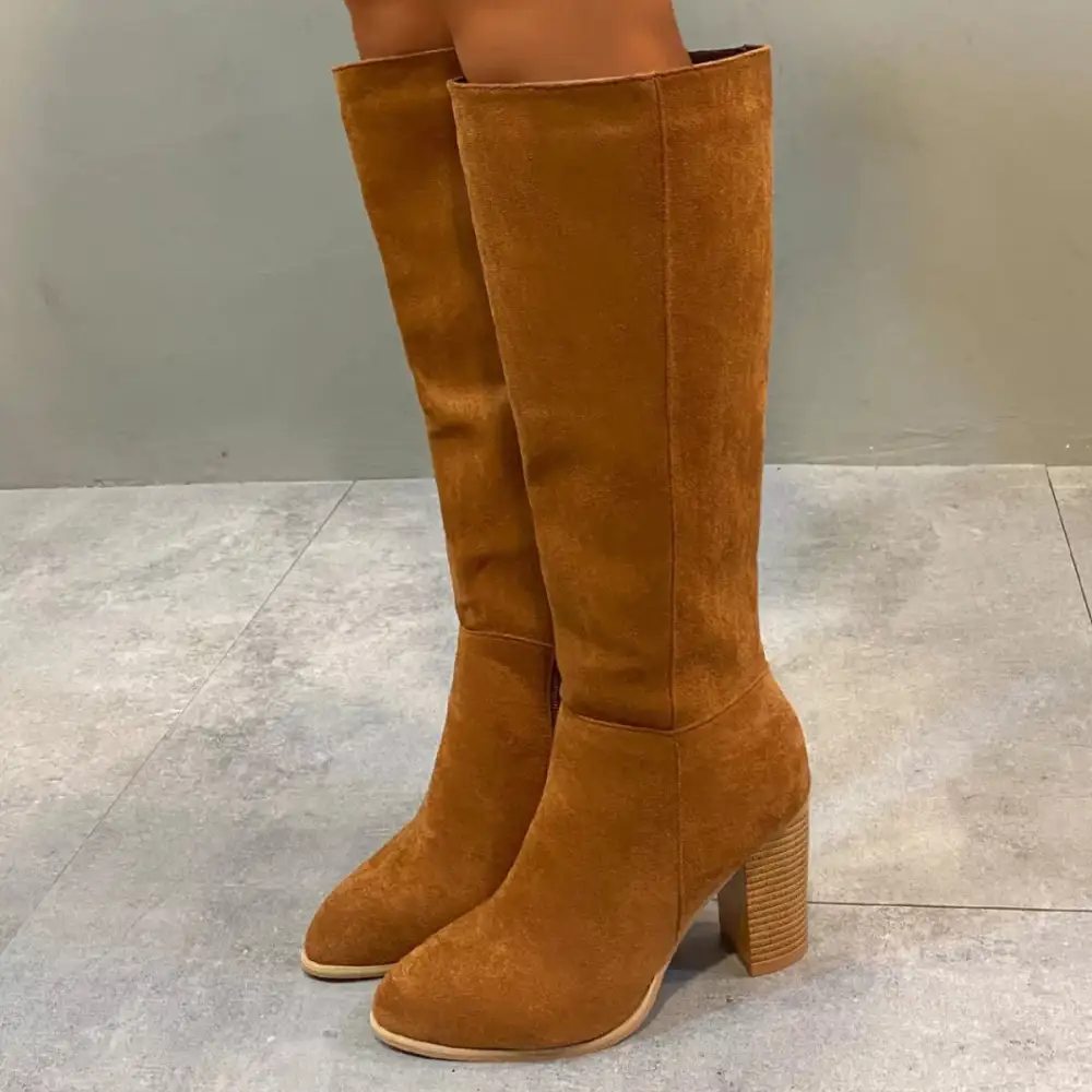 Pointed Toe Knee High Suede Block Heel Boots