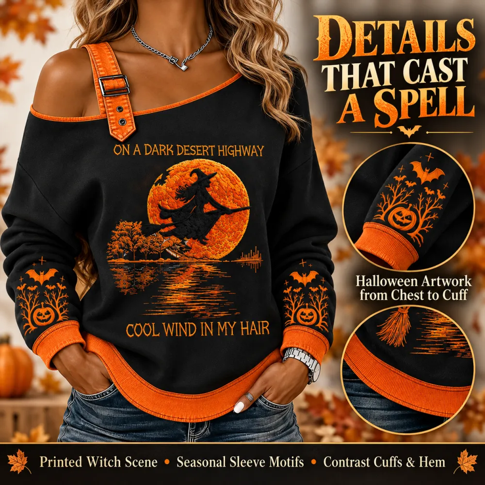 Halloween Broom Witch Print Round Neck Long Sleeve Casual Drawstring Hoodie