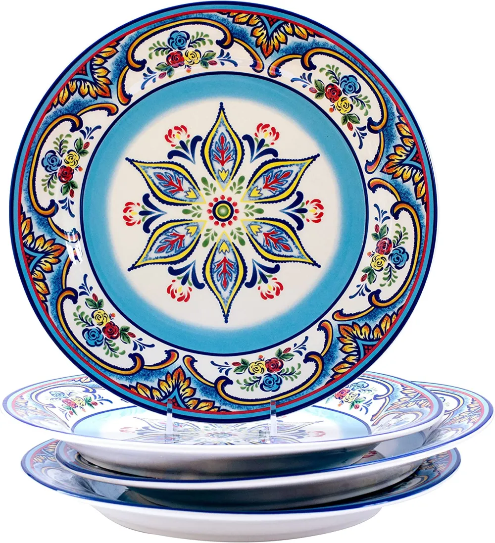 Euro Ceramica Zanzibar Double Bowl 16-Piece Dinnerware Set | Fine Kitchenware | Floral Multicolor Design Stoneware Tableware Service For 4