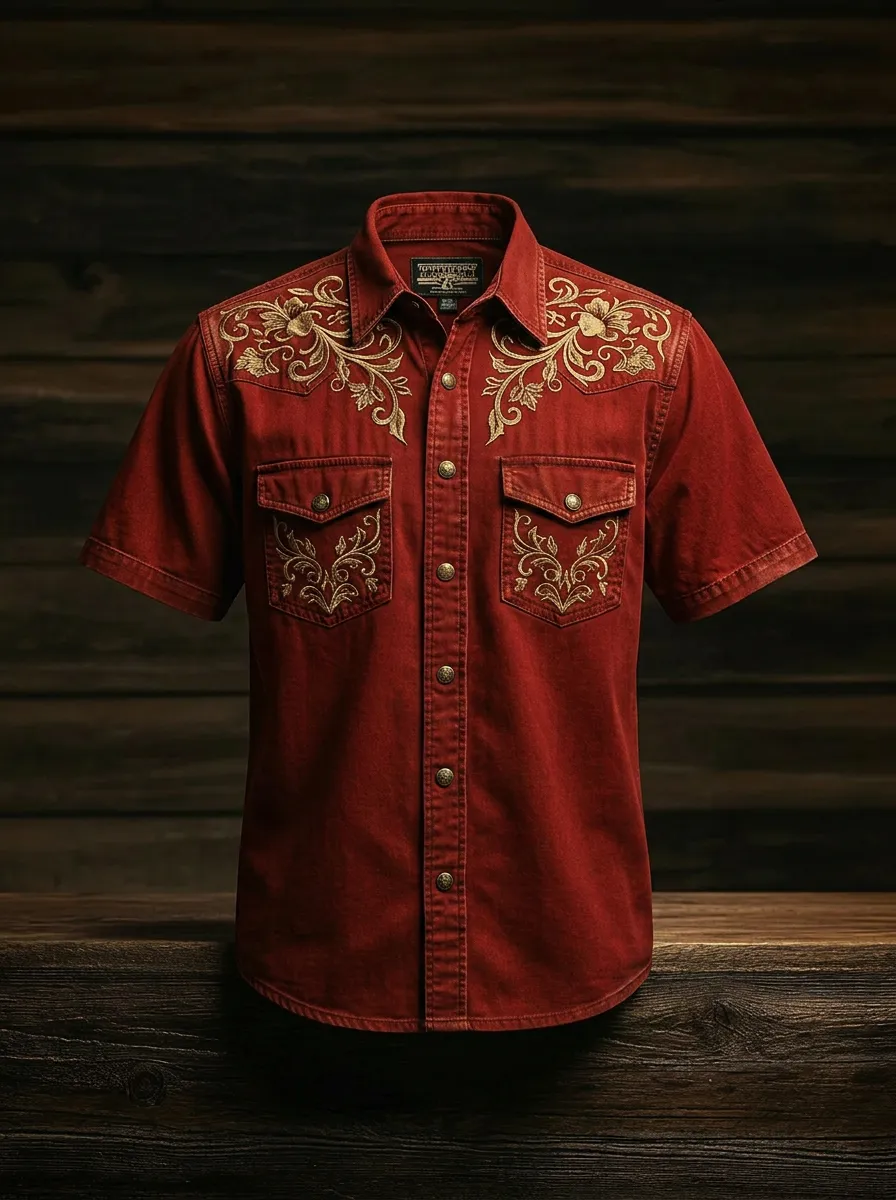 Men's Western Style Floral Embroidery Red Printed Shirt