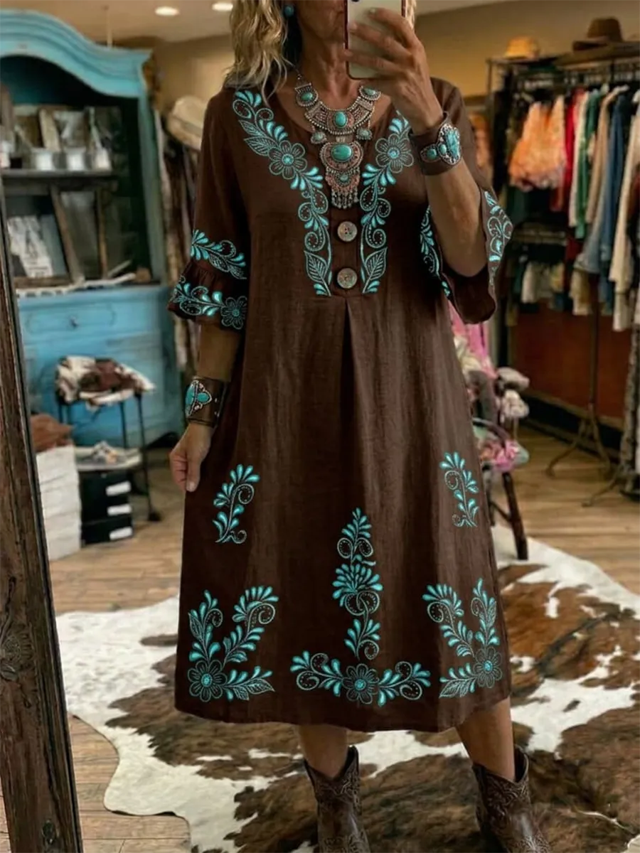 Women's Vintage Art Print Casual V-Neck Ruffle Button Dress