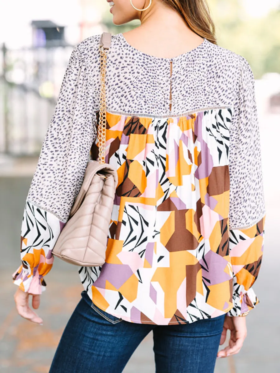 Taupe mixed print long-sleeve shirt