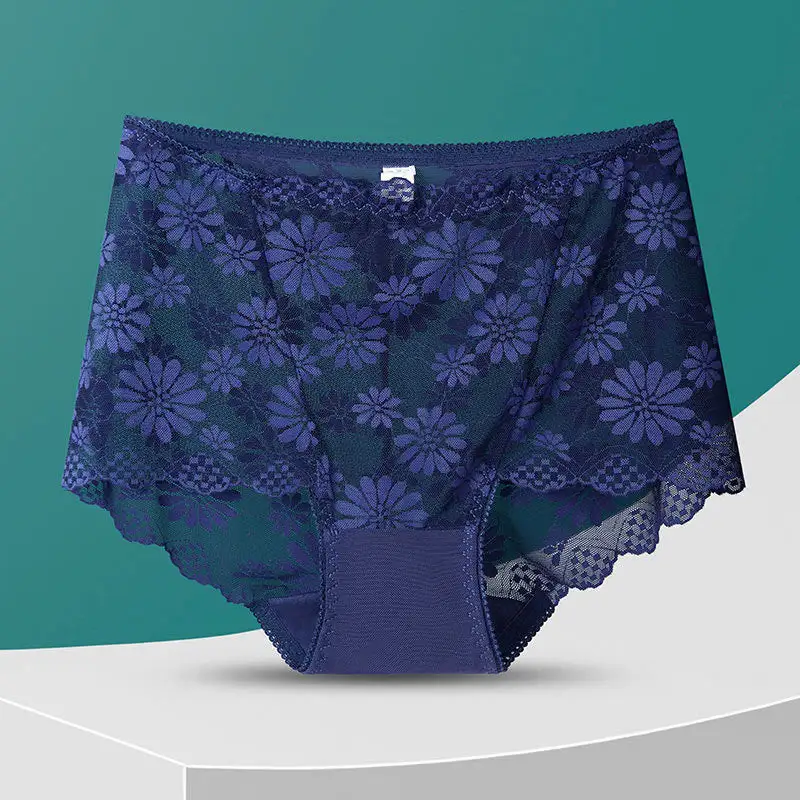 Plus Size High Waist Lace Trim Breathable Panty