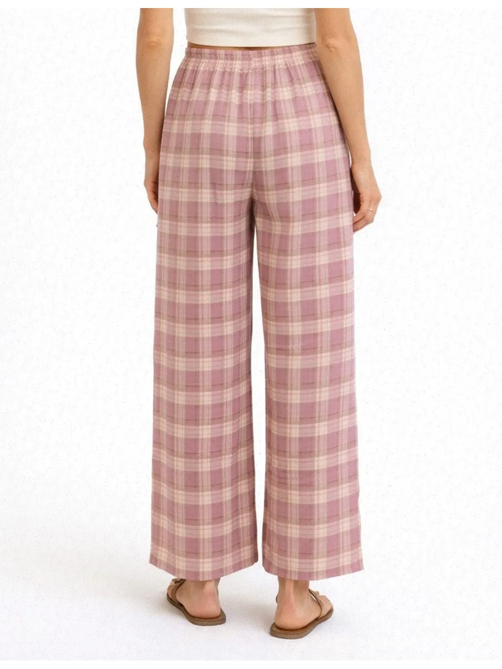 Checked Elastic Waist Drawstring Wide Leg Pants