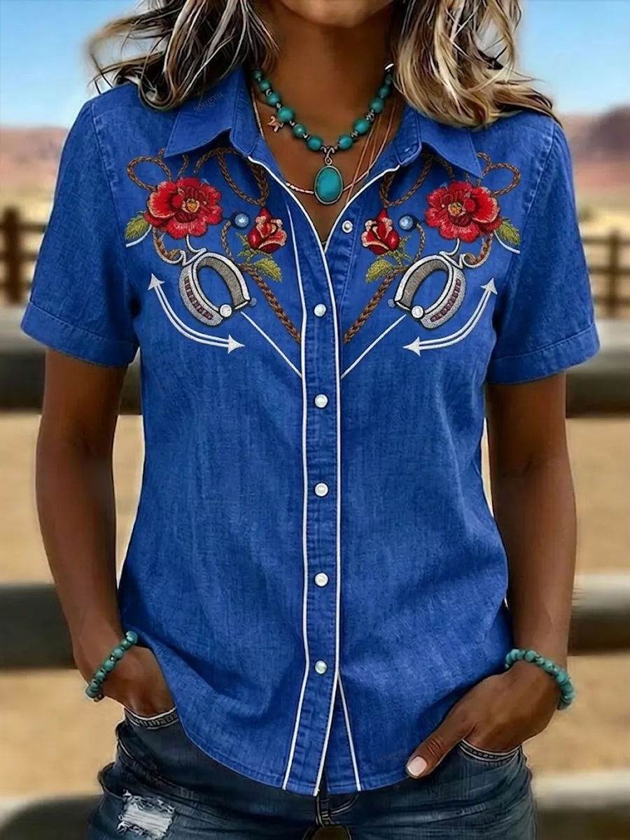 Women'S Retro Western-Style Print Short-Sleeved Shirt