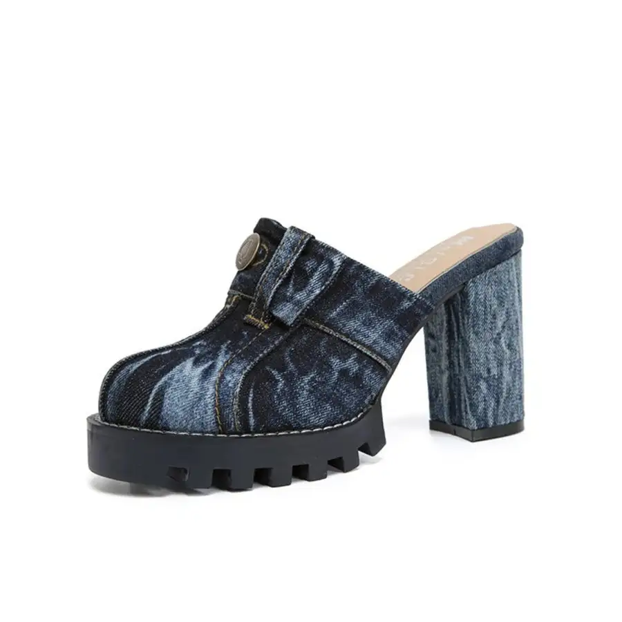 Denim Round Toe Block-Heel Sandals