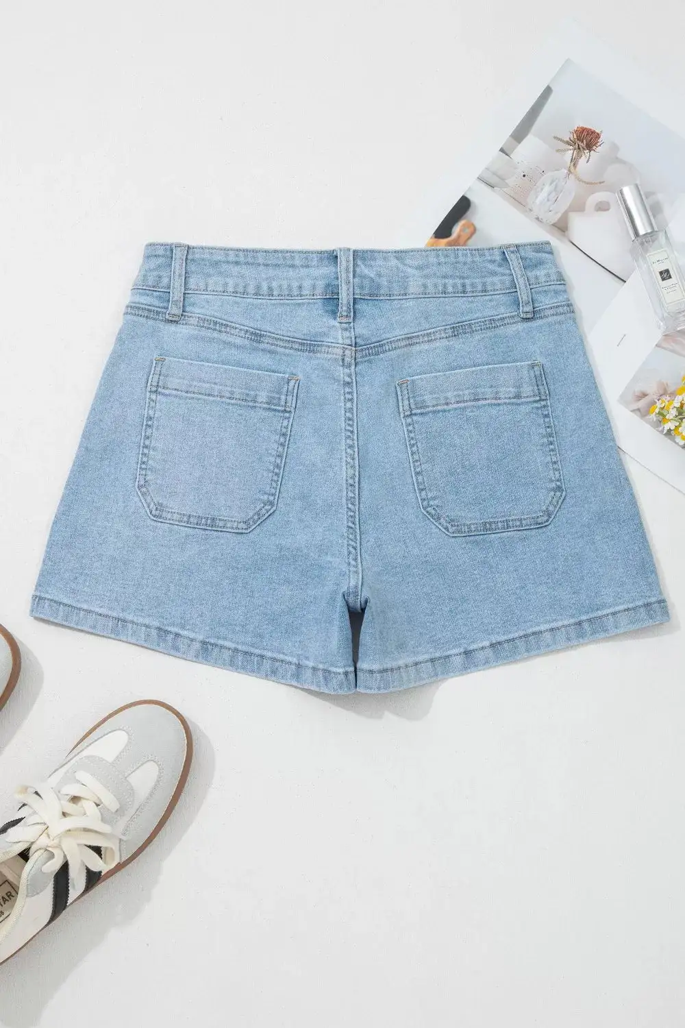 High Rise Patch Pocket Denim Shorts
