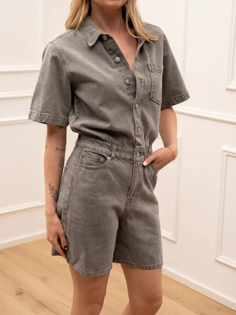 Mini Button Front Cotton Jumpsuit