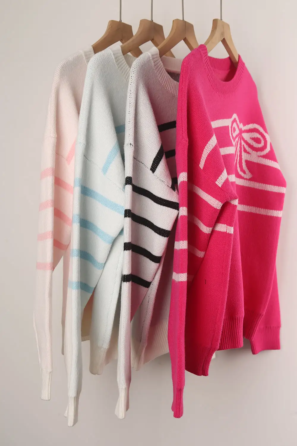 Striped Bow Round Neck Flower Knitted Sweater