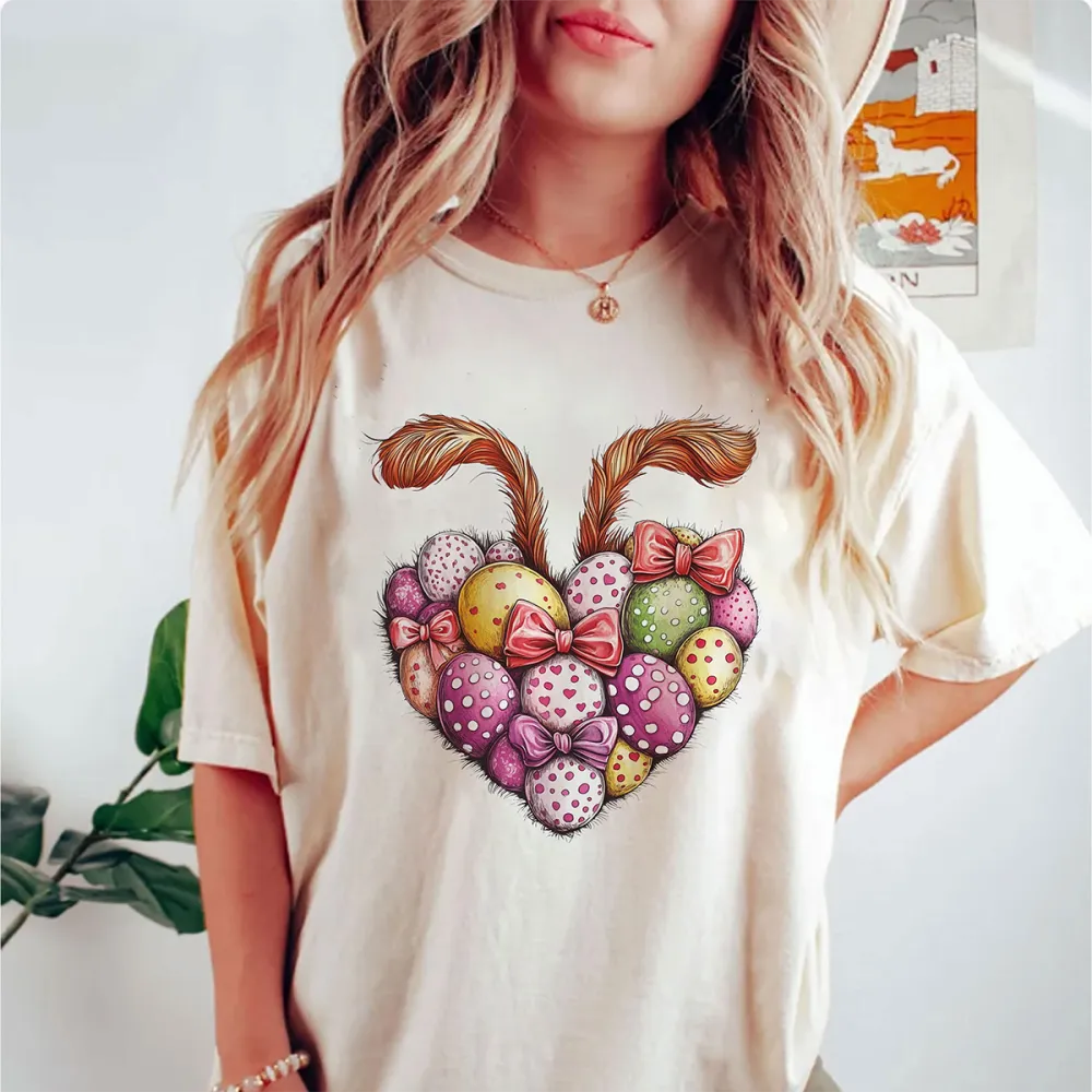 Love Bunny Egg Printed Round Neck Short Sleeve T-Shirt