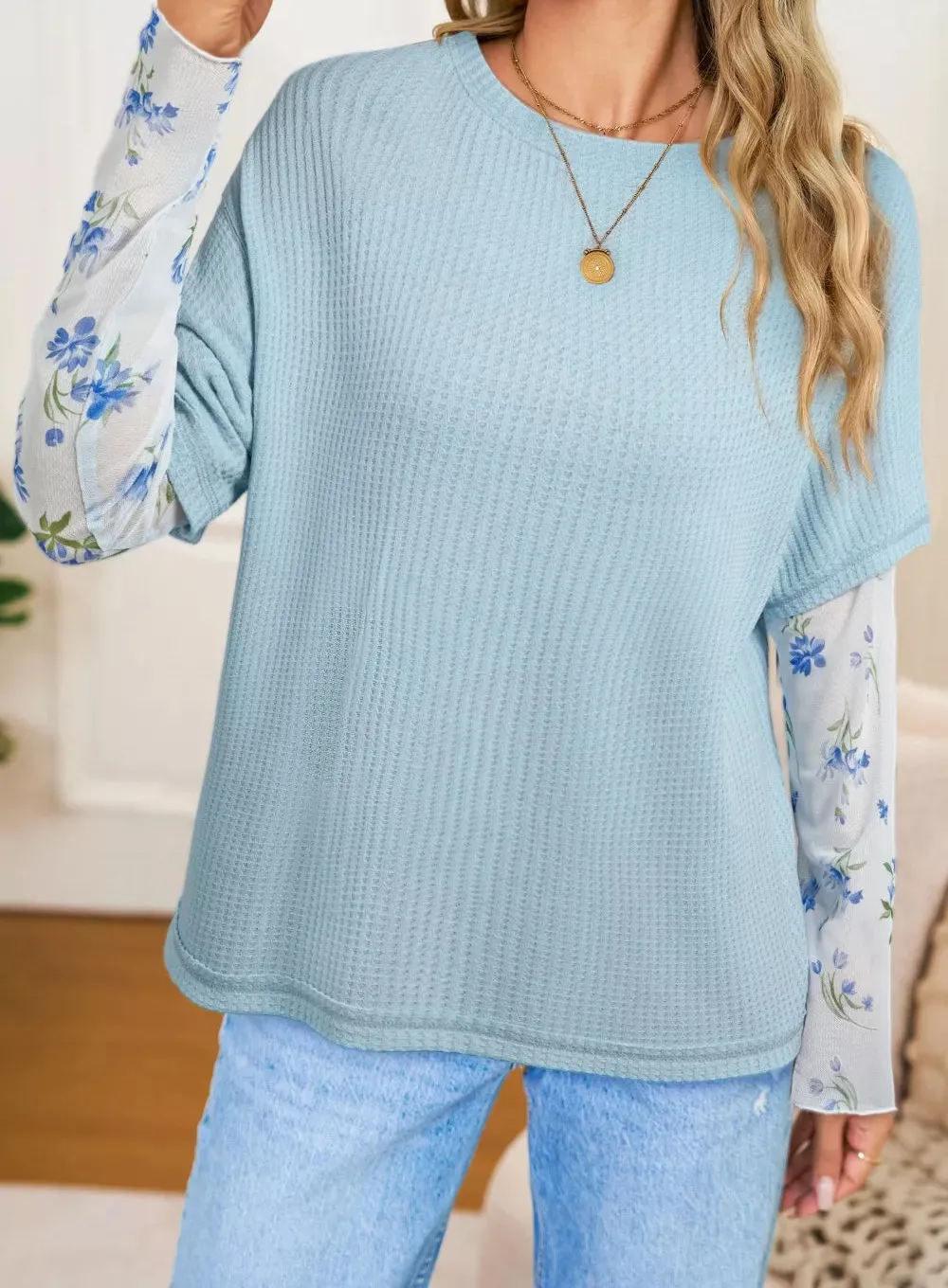 Waffle Knit Lace Detail Floral Top