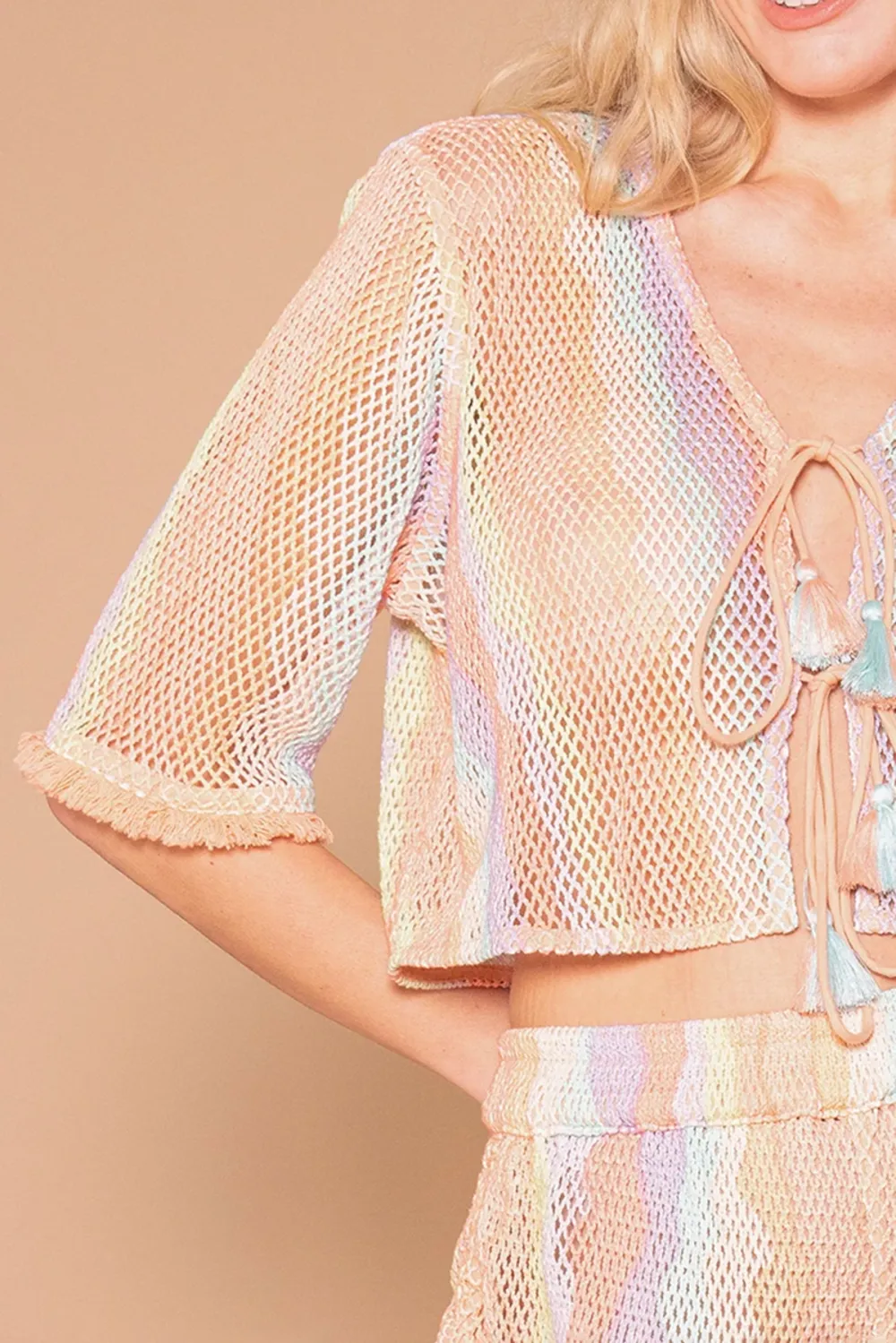 Pastel Colored Mesh Tie Front Crop Top